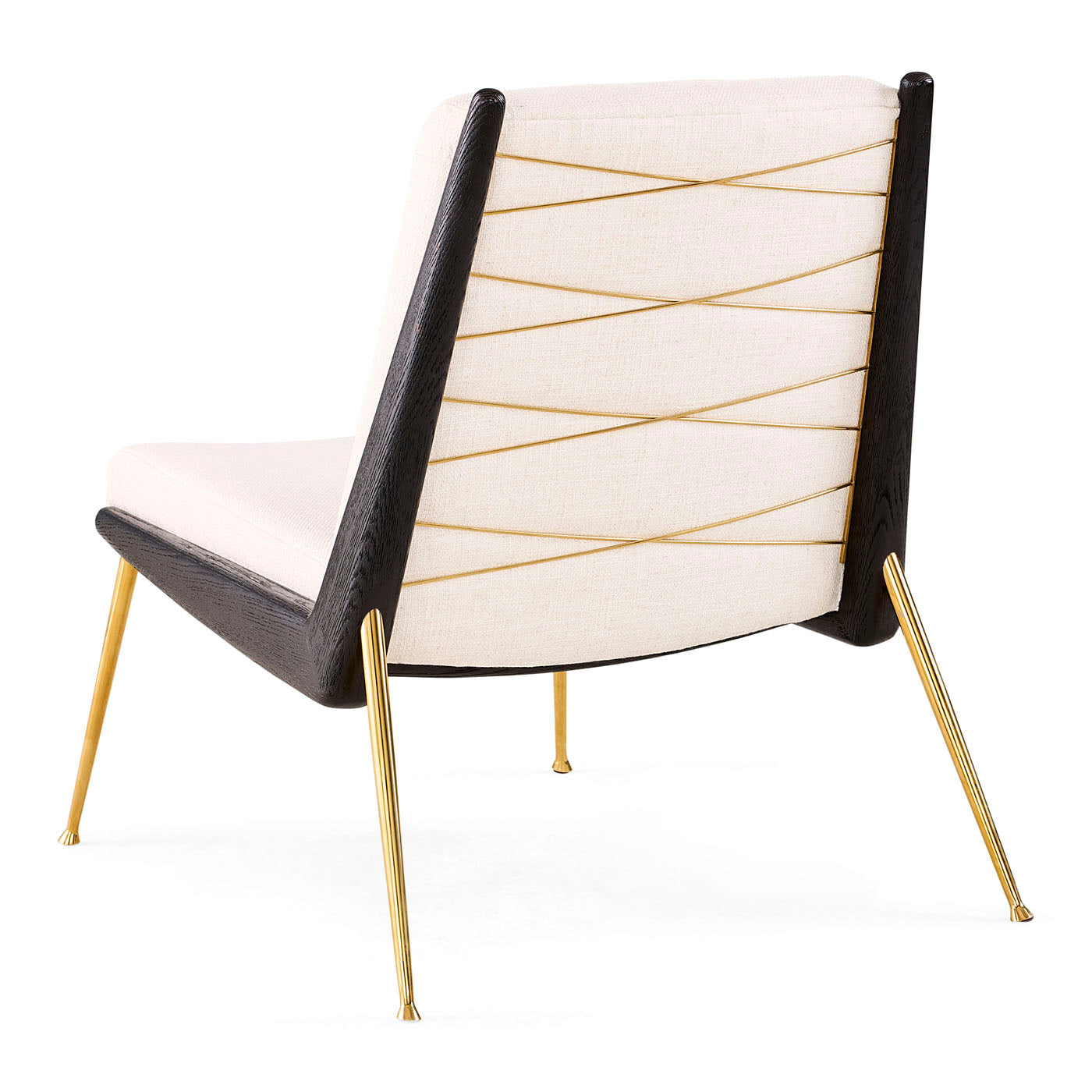 Modern chair with white cushion, black frame, and gold legs on a white background
