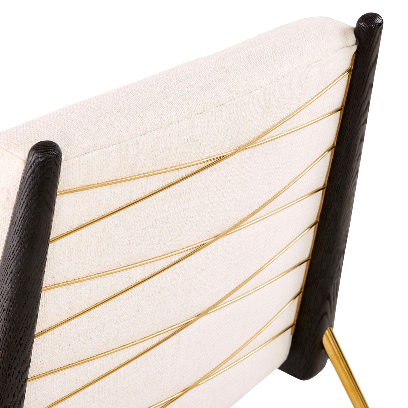 Close-up of a chair with black wooden armrests and gold wire legs on a white background