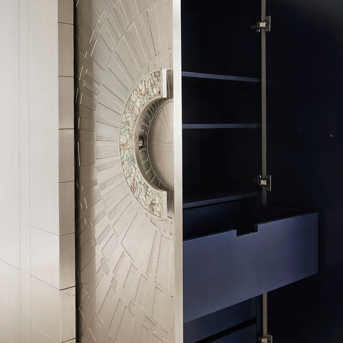 talitha armoire hand-stamped nickel abalone handles - detail view 5