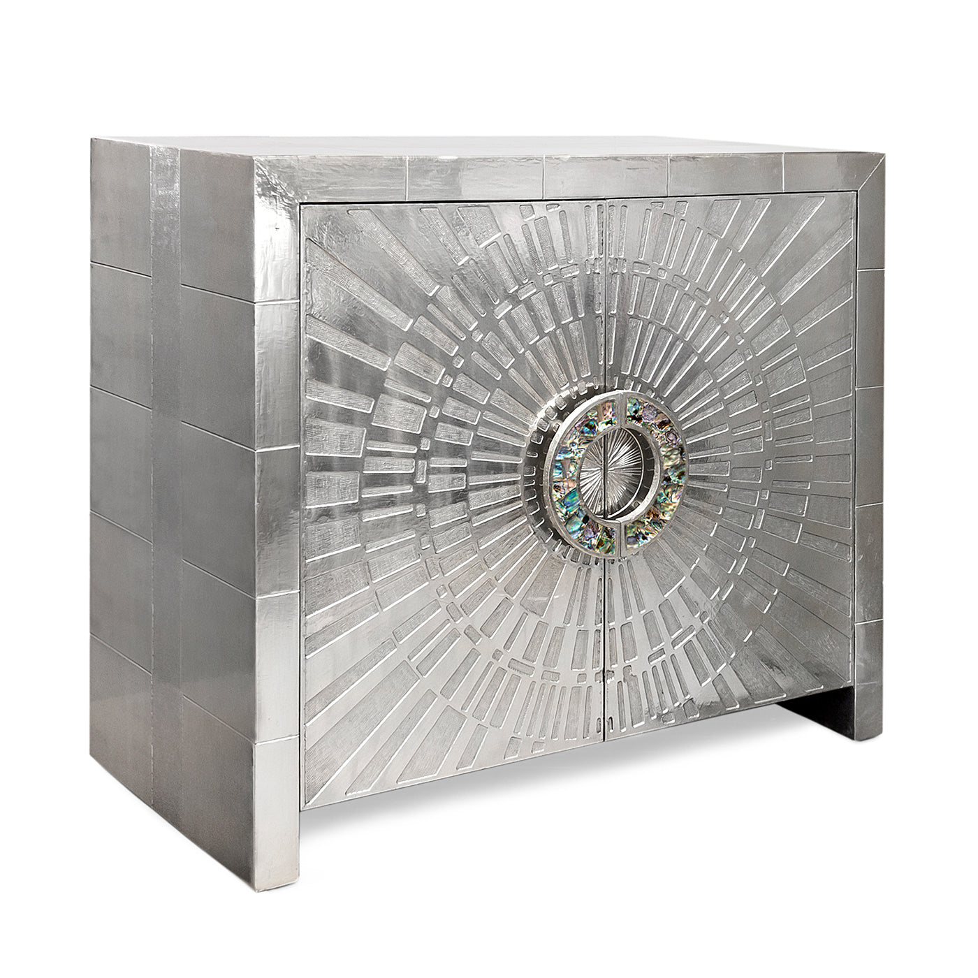 Decorative silver cabinet with intricate design on a white background