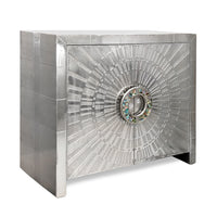Decorative silver cabinet with intricate design on a white background