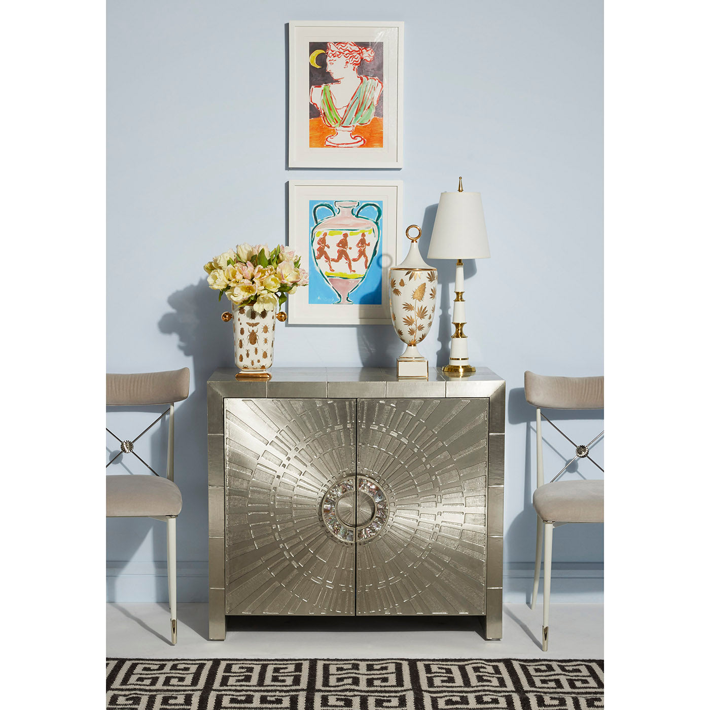 talitha cabinet nickel rider dining chairs botanist pottery vignette - styled view