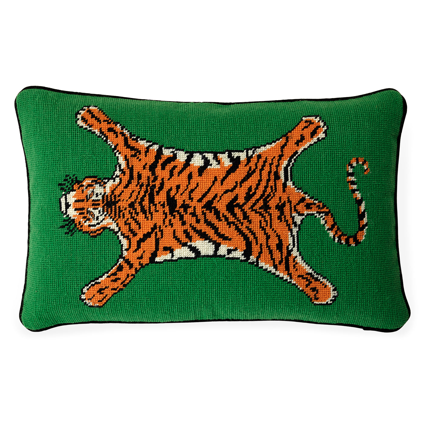 tiger needlepoint pillow wool green orange - front view
