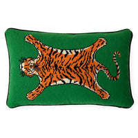 tiger needlepoint pillow wool green orange - front view