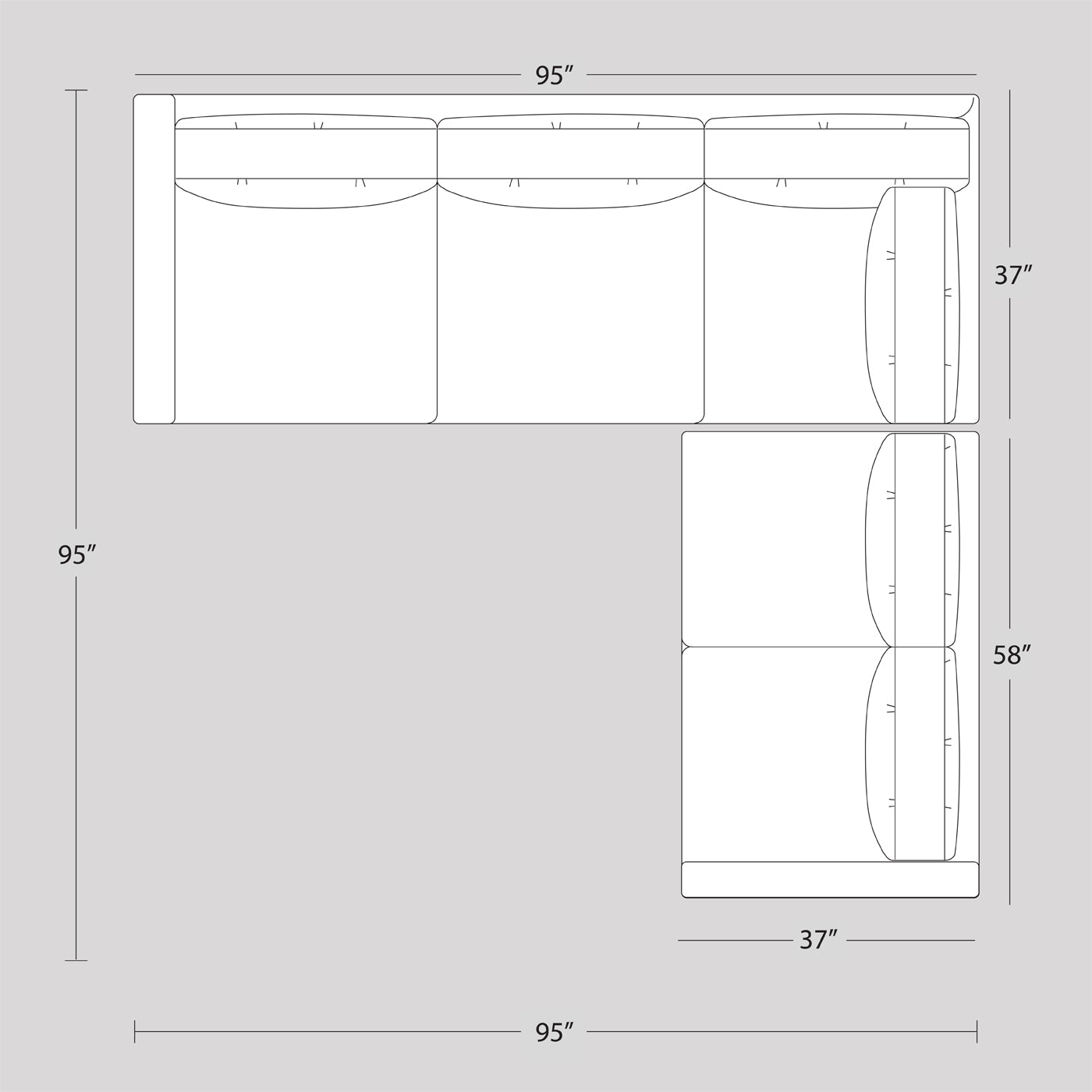 topanga sectional right arm facing - measurements view