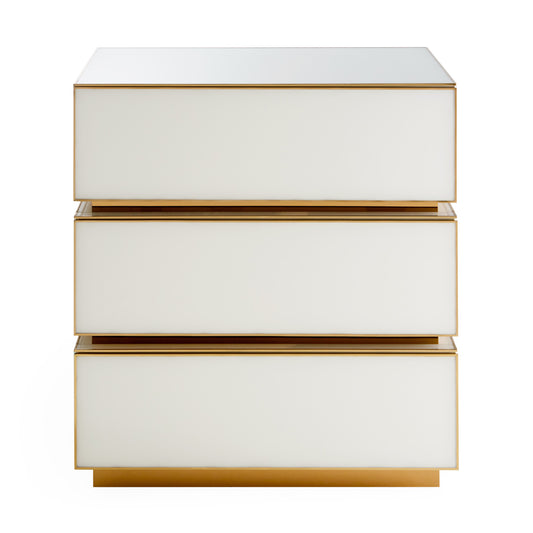 torino three drawer console ivory lacquer brass accents - front view