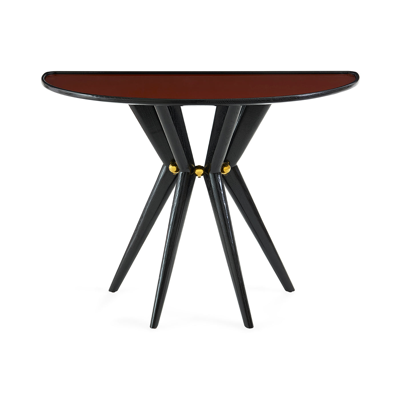 Small round table with a dark brown top and black legs on a white background