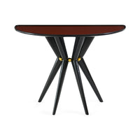 Small round table with a dark brown top and black legs on a white background