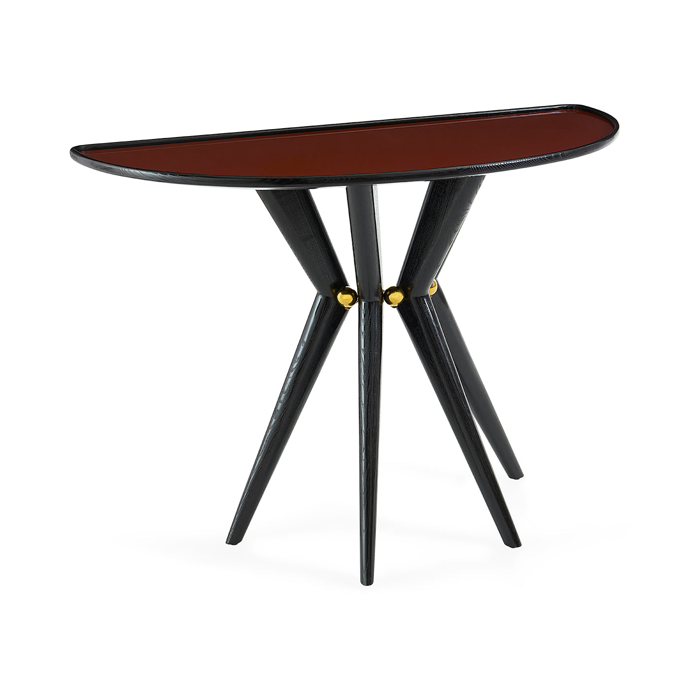Small round table with a brown top and black legs on a white background