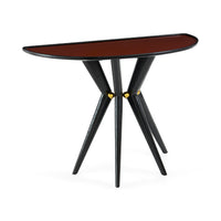 Small round table with a brown top and black legs on a white background