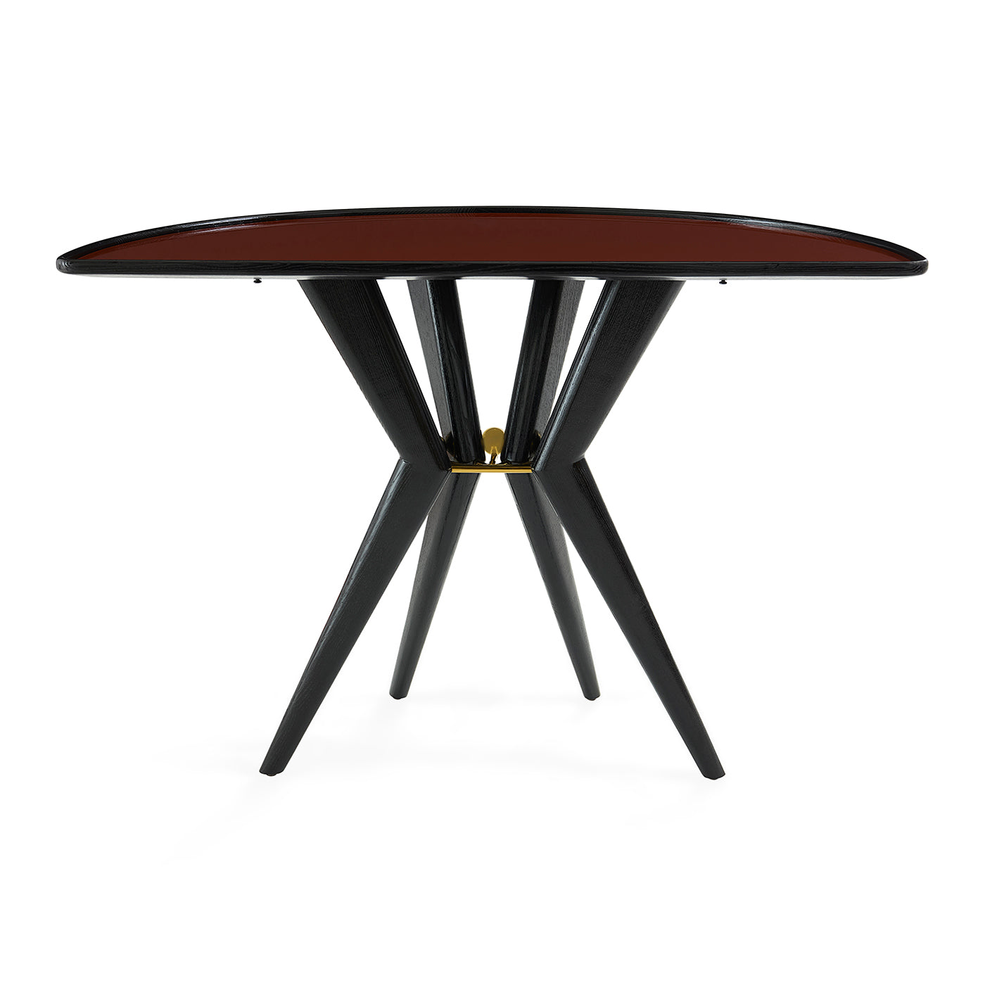 Round table with a dark wood top and black metal legs on a white background