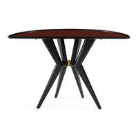 Round table with a dark wood top and black metal legs on a white background