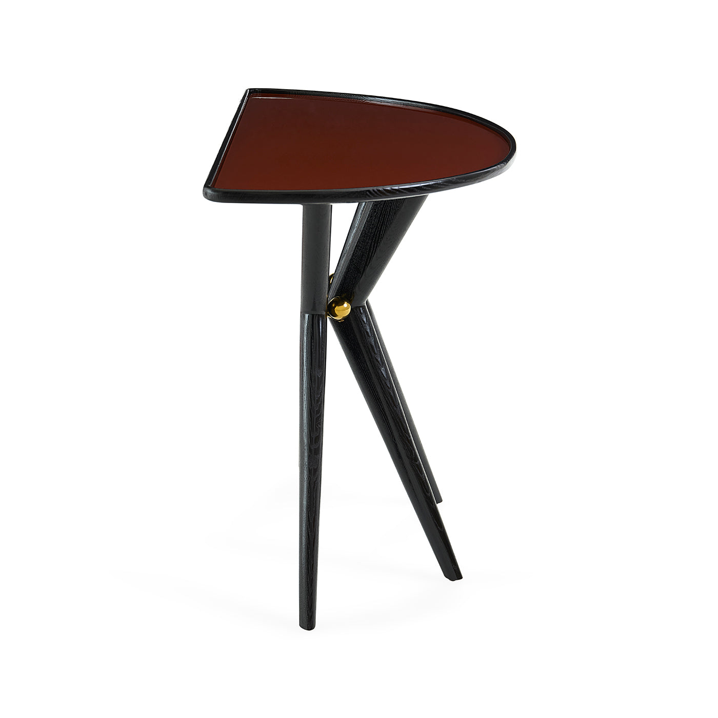 Triangular side table with brown top and black legs on a white background