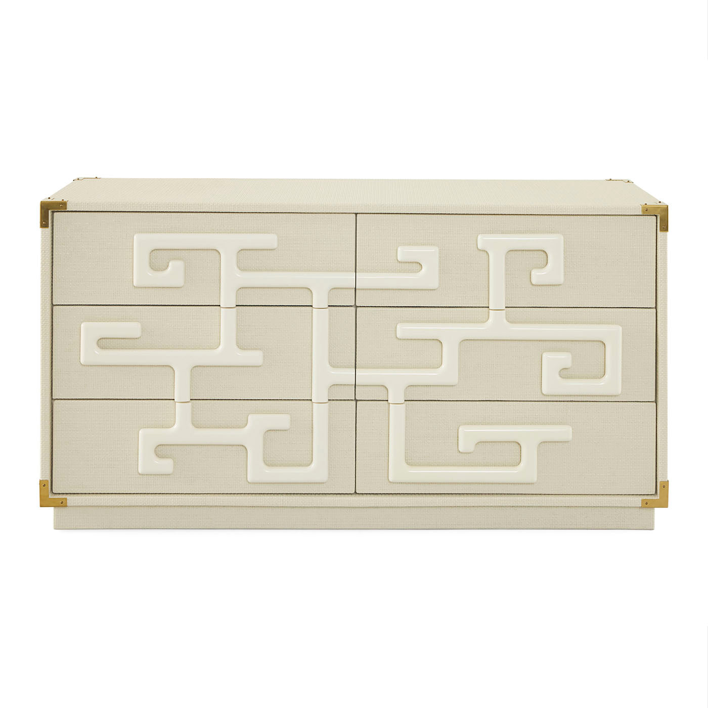 Beige dresser with geometric white patterns on a white background