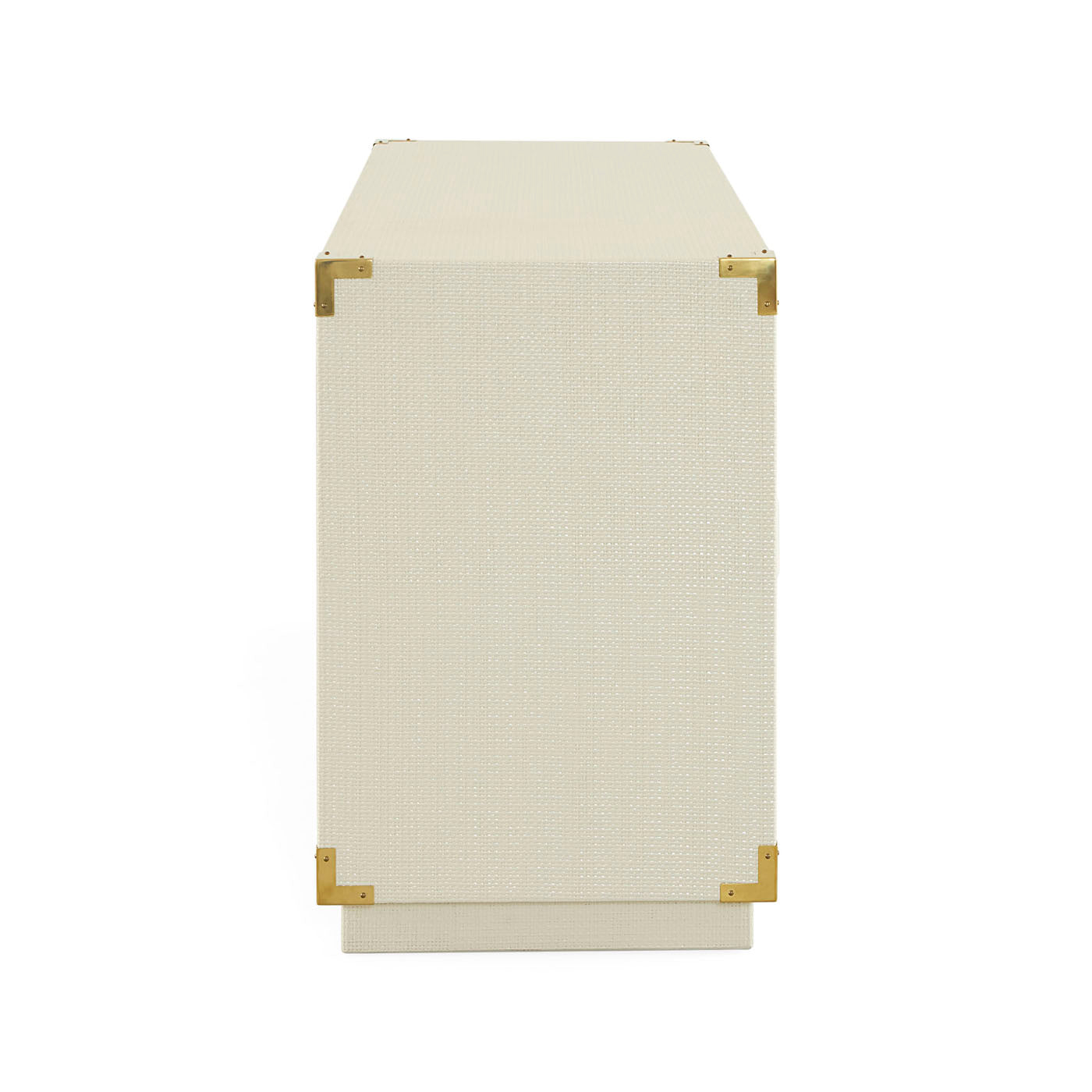 Rectangular ottoman with gold accents on a white background