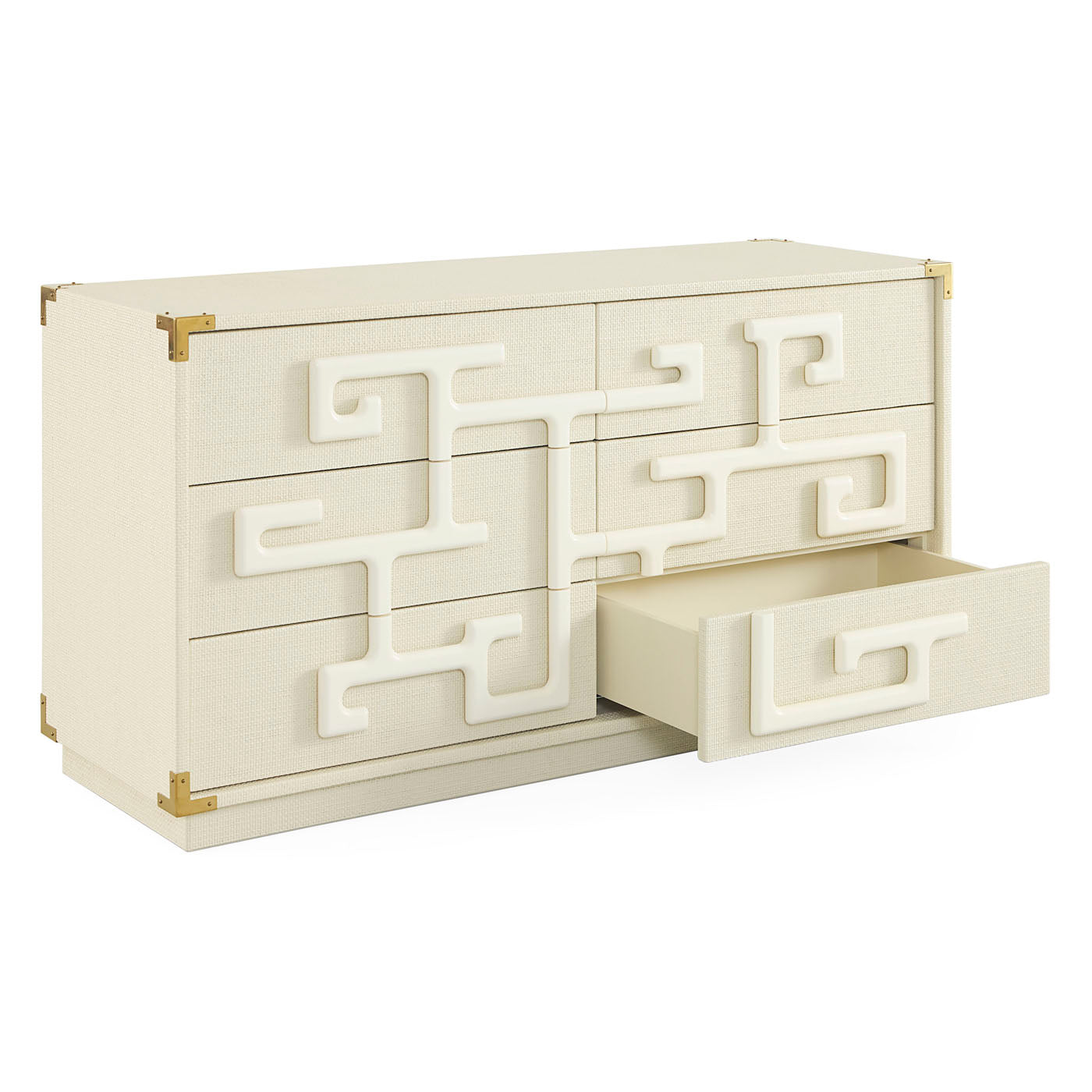 Beige dresser with geometric design and gold accents on a white background