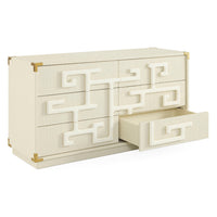 Beige dresser with geometric design and gold accents on a white background