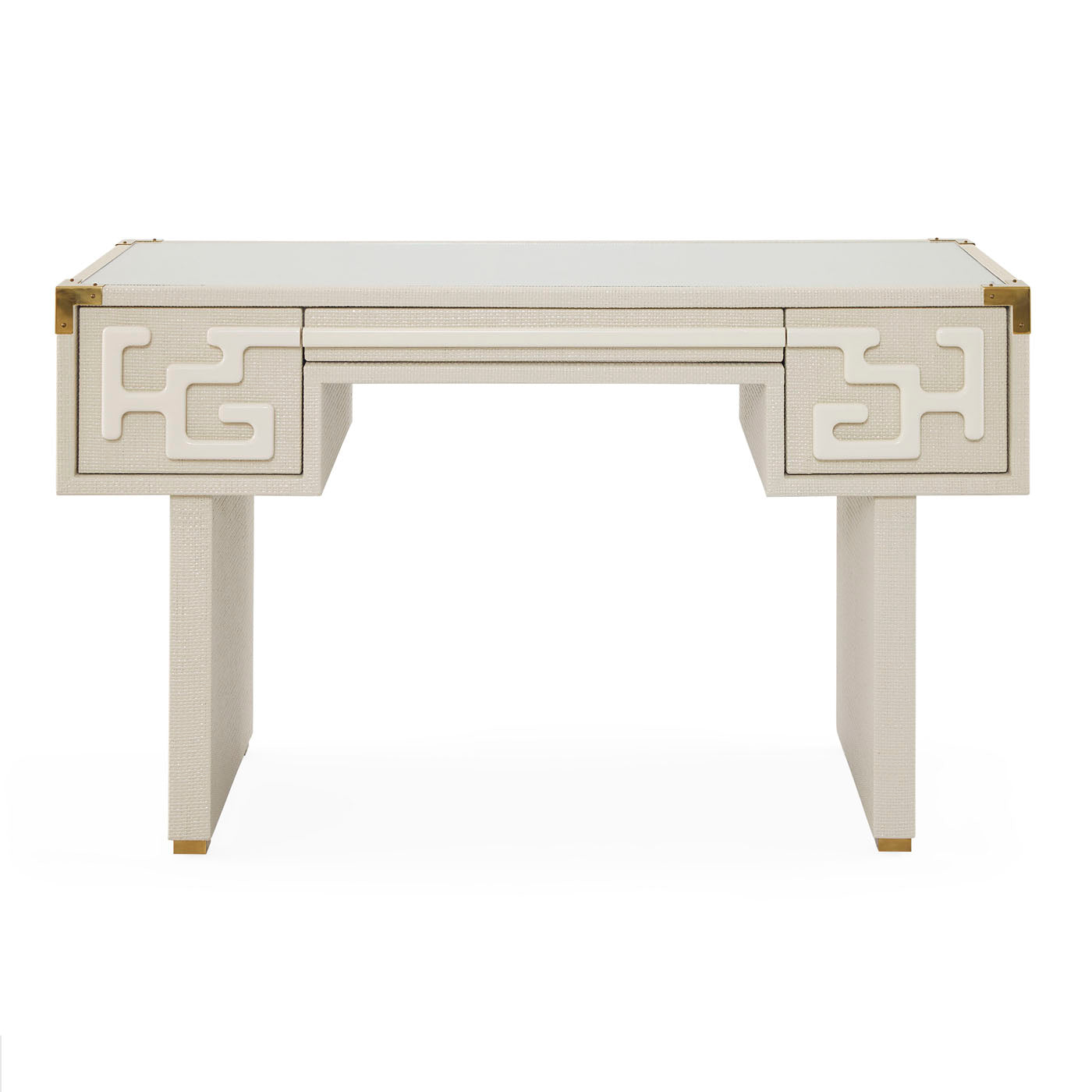 Beige desk with decorative patterns on a white background