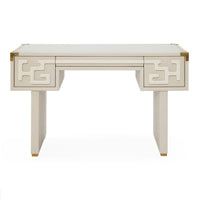Beige desk with decorative patterns on a white background