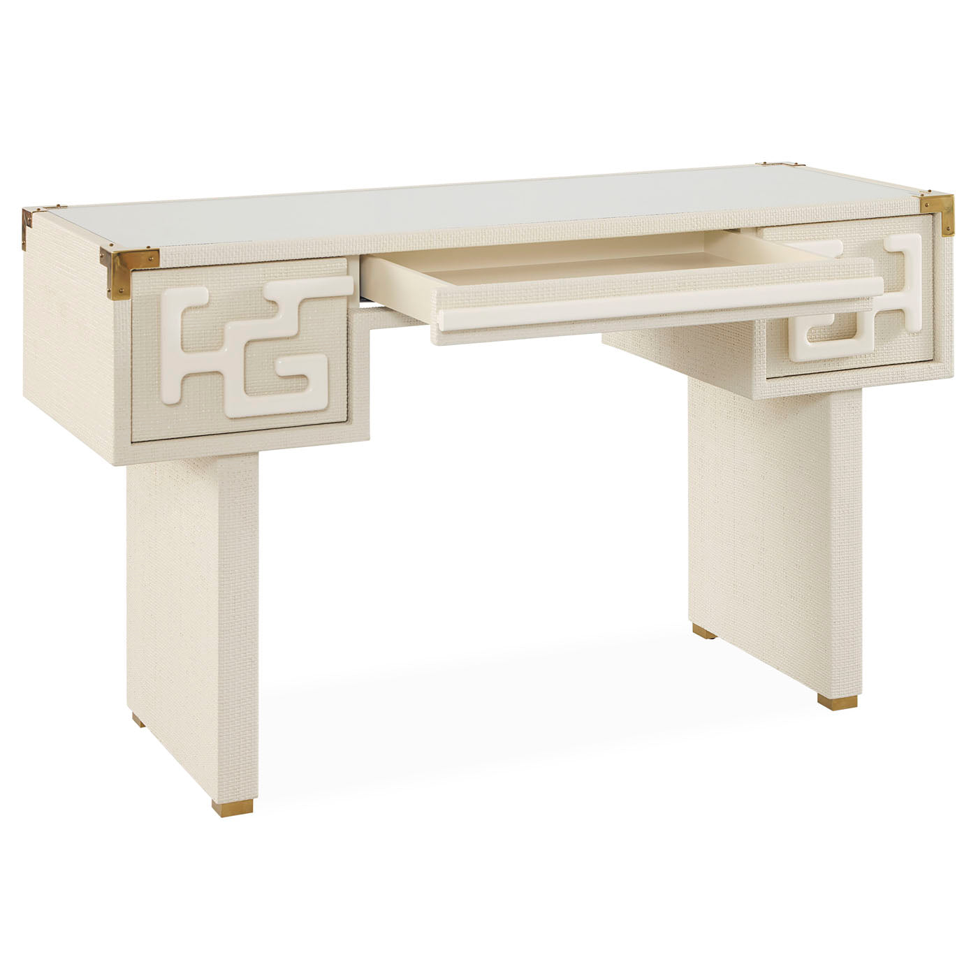 White desk with gold accents on a white background