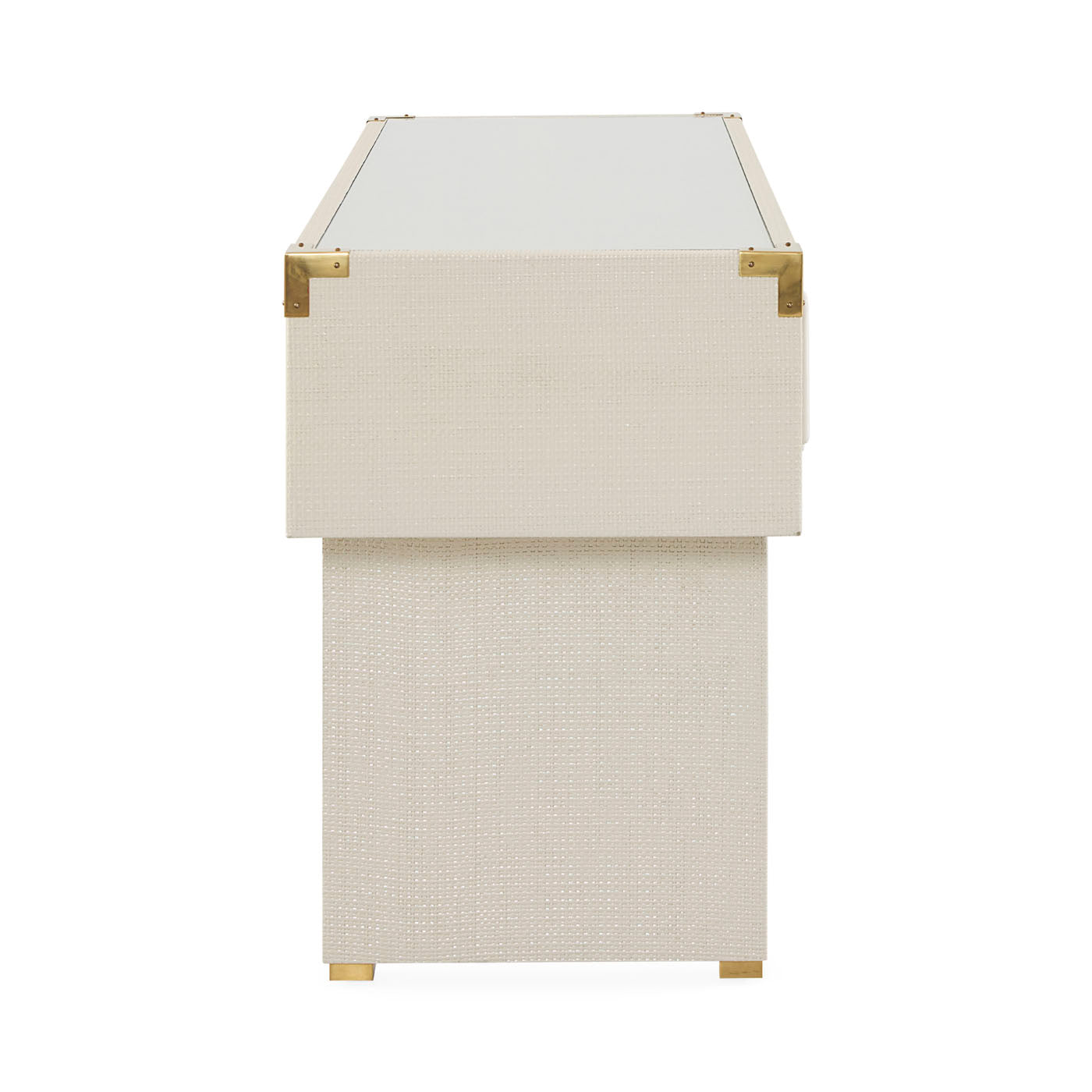 Beige side table with gold accents on a white background