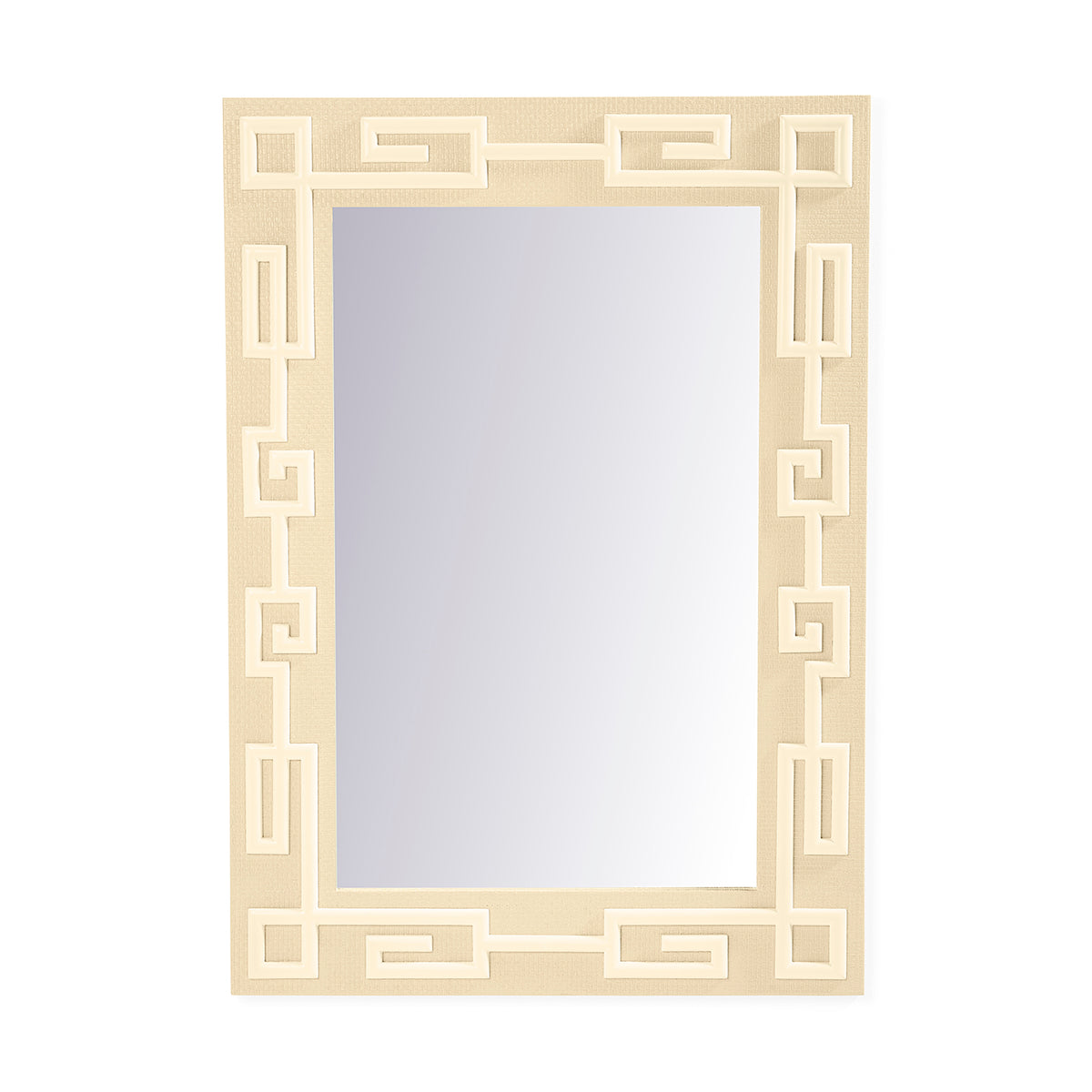 A rectangular wall mirror with a decorative cream-colored frame featuring a raised geometric Greek key pattern border, shown against a plain white background.