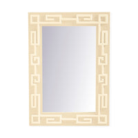 A rectangular wall mirror with a decorative cream-colored frame featuring a raised geometric Greek key pattern border, shown against a plain white background.