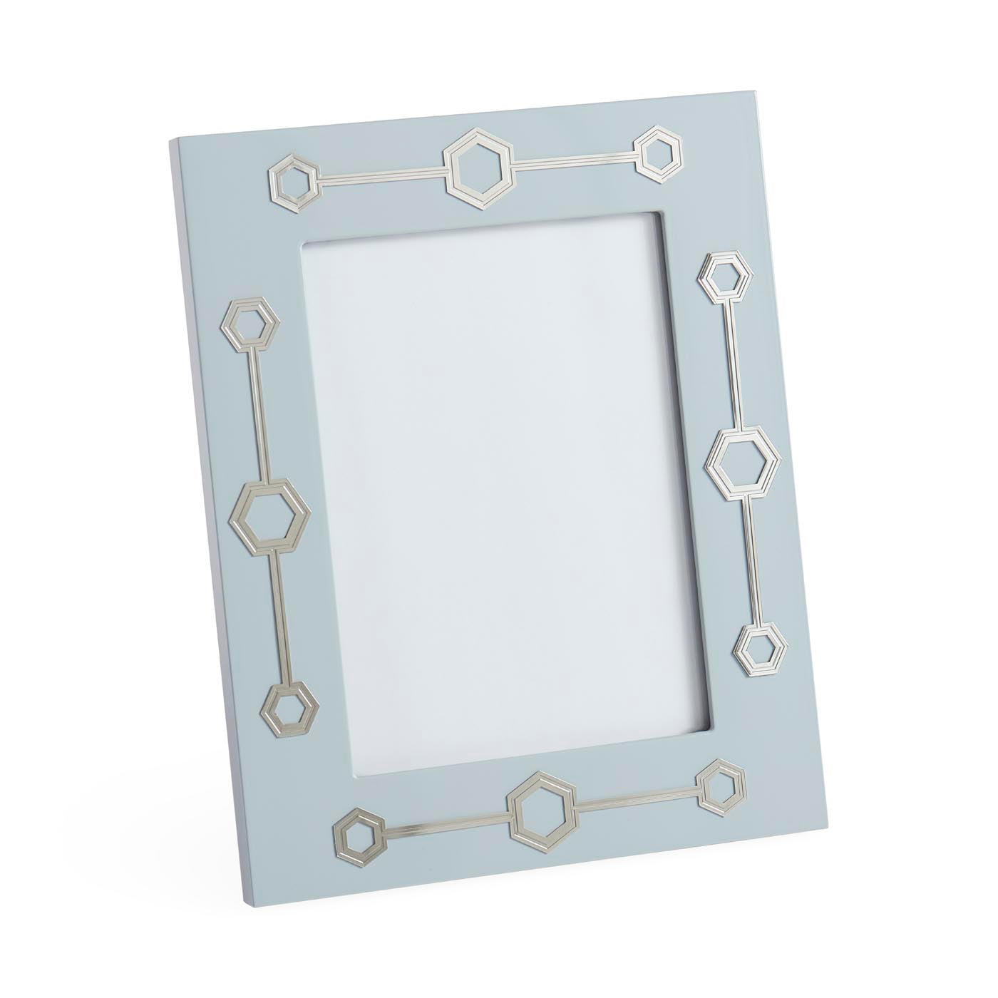 Light blue picture frame with geometric patterns on a white background