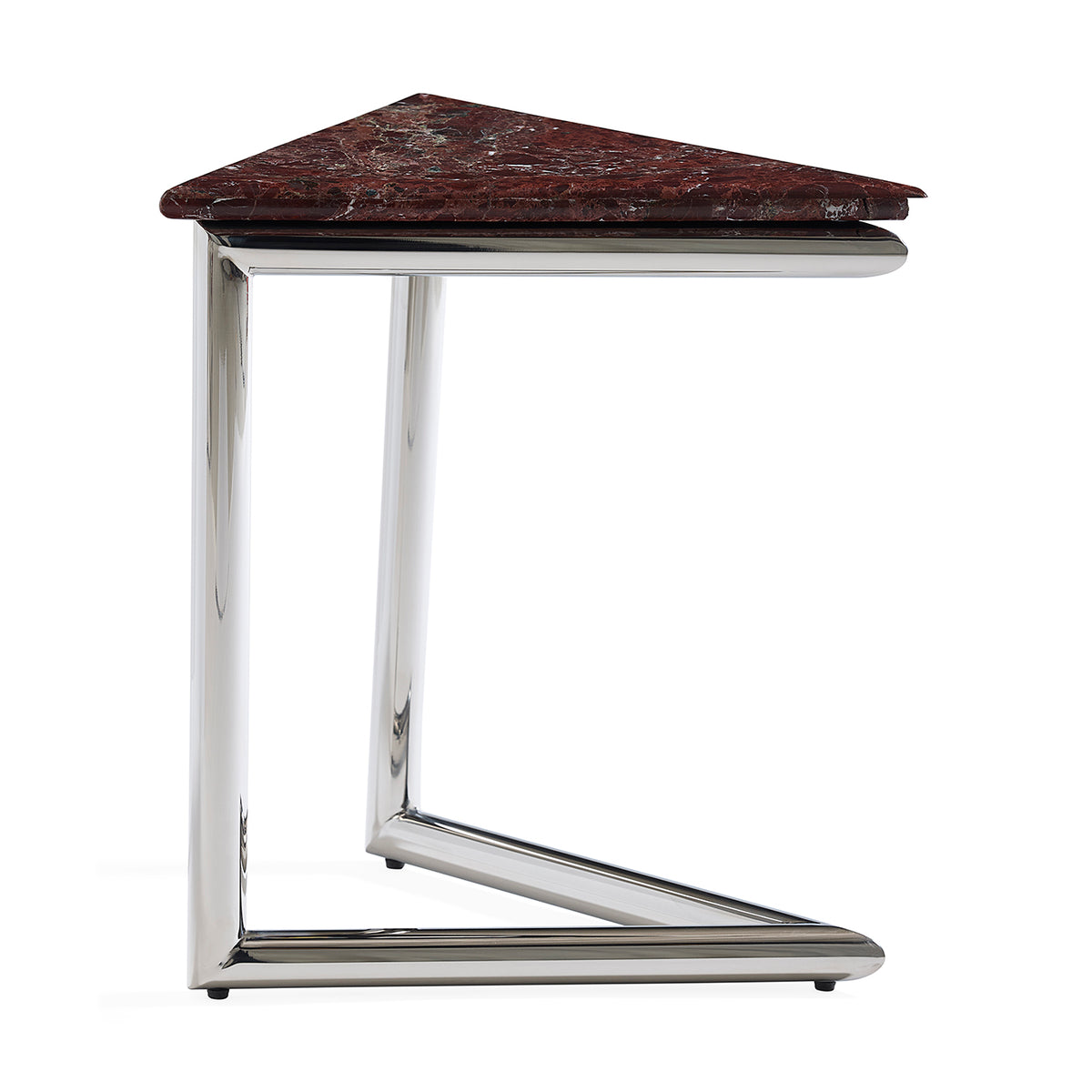 A modern side table featuring a triangular dark red marble top with white veining and a polished chrome Z-shaped metal base, shown on a solid white background.