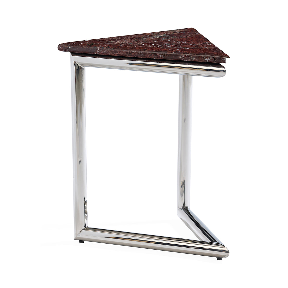 A modern side table featuring a triangular dark red marble top and a polished chrome metal frame, shown on a plain white background.
