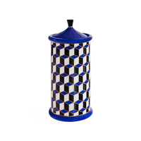 Decorative cylindrical container with geometric pattern and blue accents on a white background