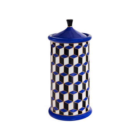 Decorative cylindrical container with geometric pattern and blue accents on a white background
