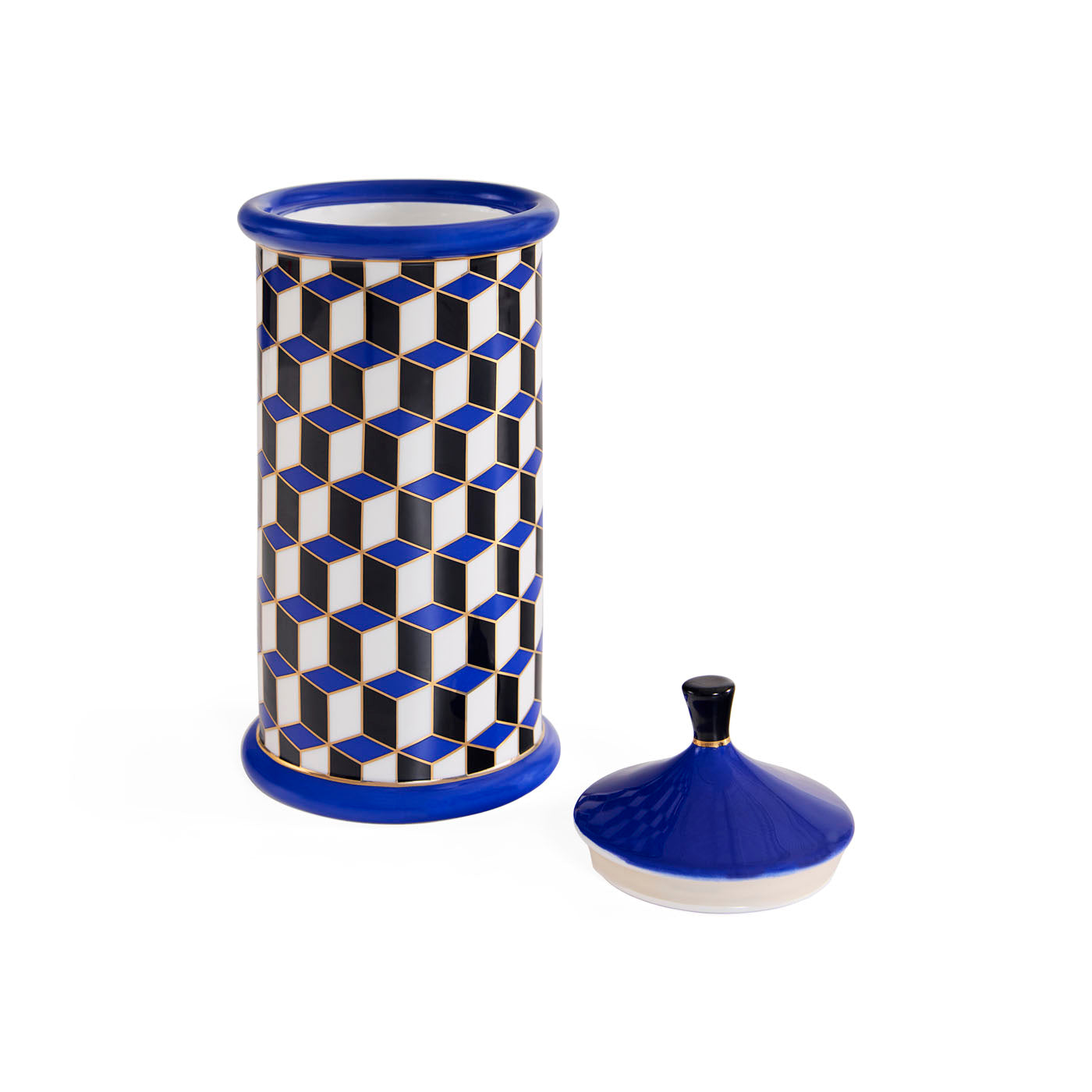 Cylindrical container with geometric pattern and blue lid on a white background
