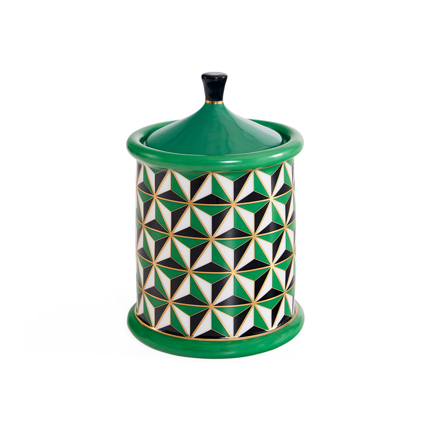 Ceramic jar with geometric pattern and green accents on a white background