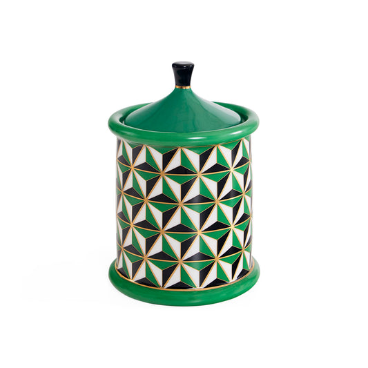 Ceramic jar with geometric pattern and green accents on a white background
