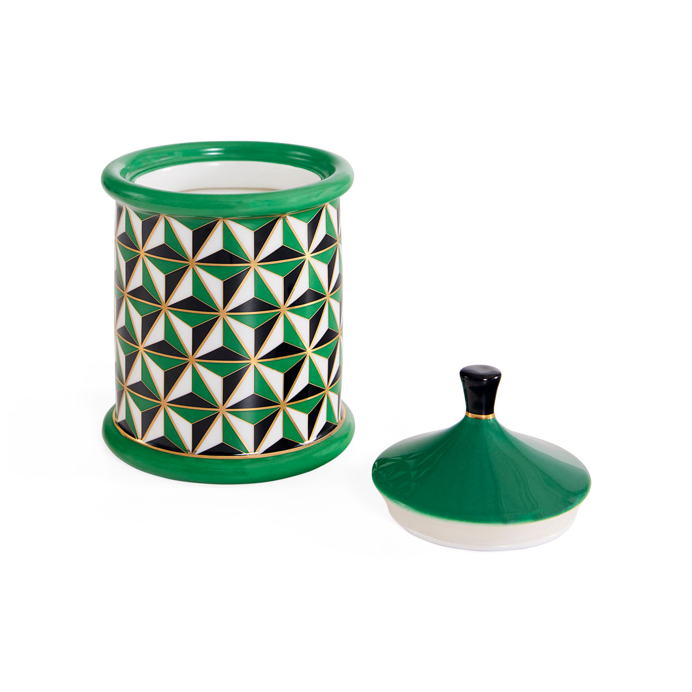 Decorative ceramic jar with geometric pattern and green lid on a white background