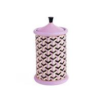 Decorative jar with geometric pattern and purple accents on a white background