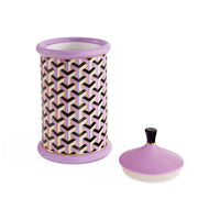 Decorative cylindrical container with geometric pattern and purple accents on a white background