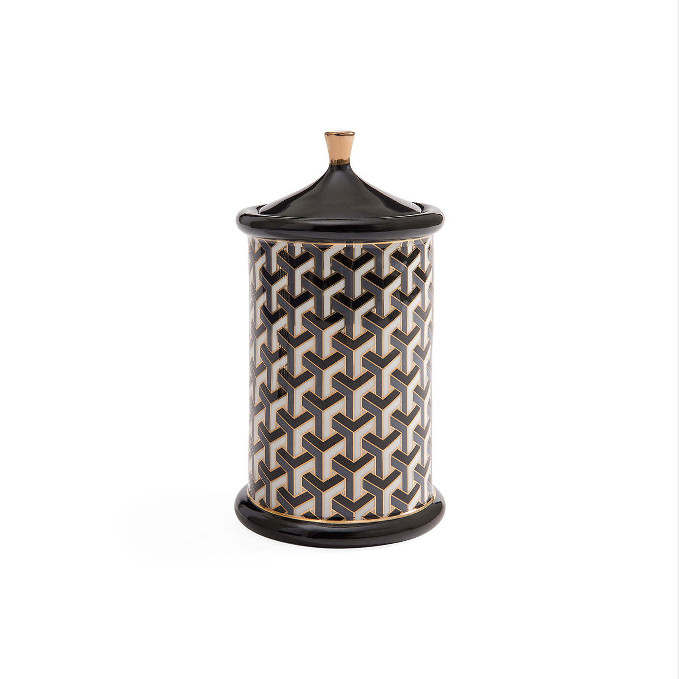 A cylindrical lidded storage jar with a black and beige geometric pattern, featuring a black lid with a small beige knob, set against a plain white background.
