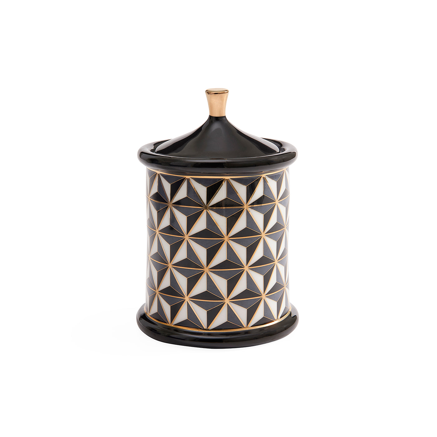 A cylindrical decorative container with a matching lid, featuring a black, white, and gold geometric pattern on the body and a solid black lid and base with a small gold finial on top, set against a plain white background.