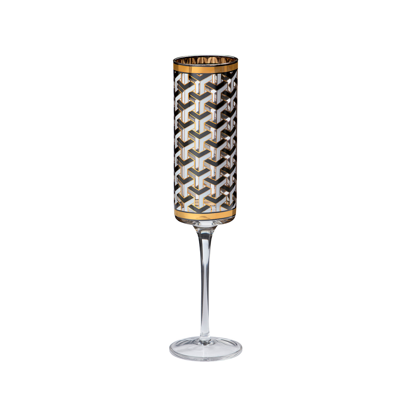 A clear stemmed glass featuring a cylindrical patterned body with a black, white, and gray geometric cube design and gold trim at the top and bottom, shown on a plain white background.