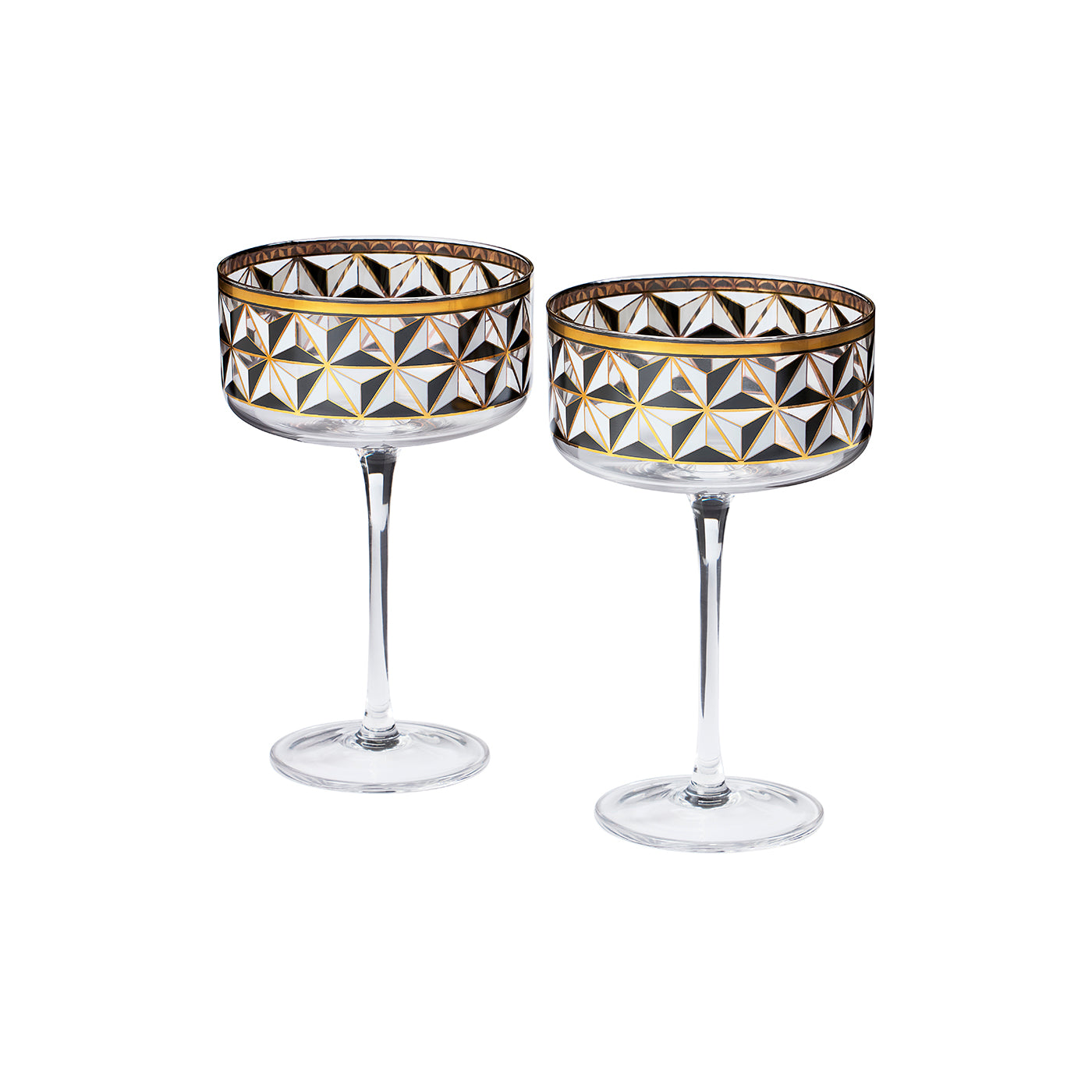 Two clear stemmed coupe glasses with a faceted geometric cut-glass pattern and gold trim, shown on a plain white background.