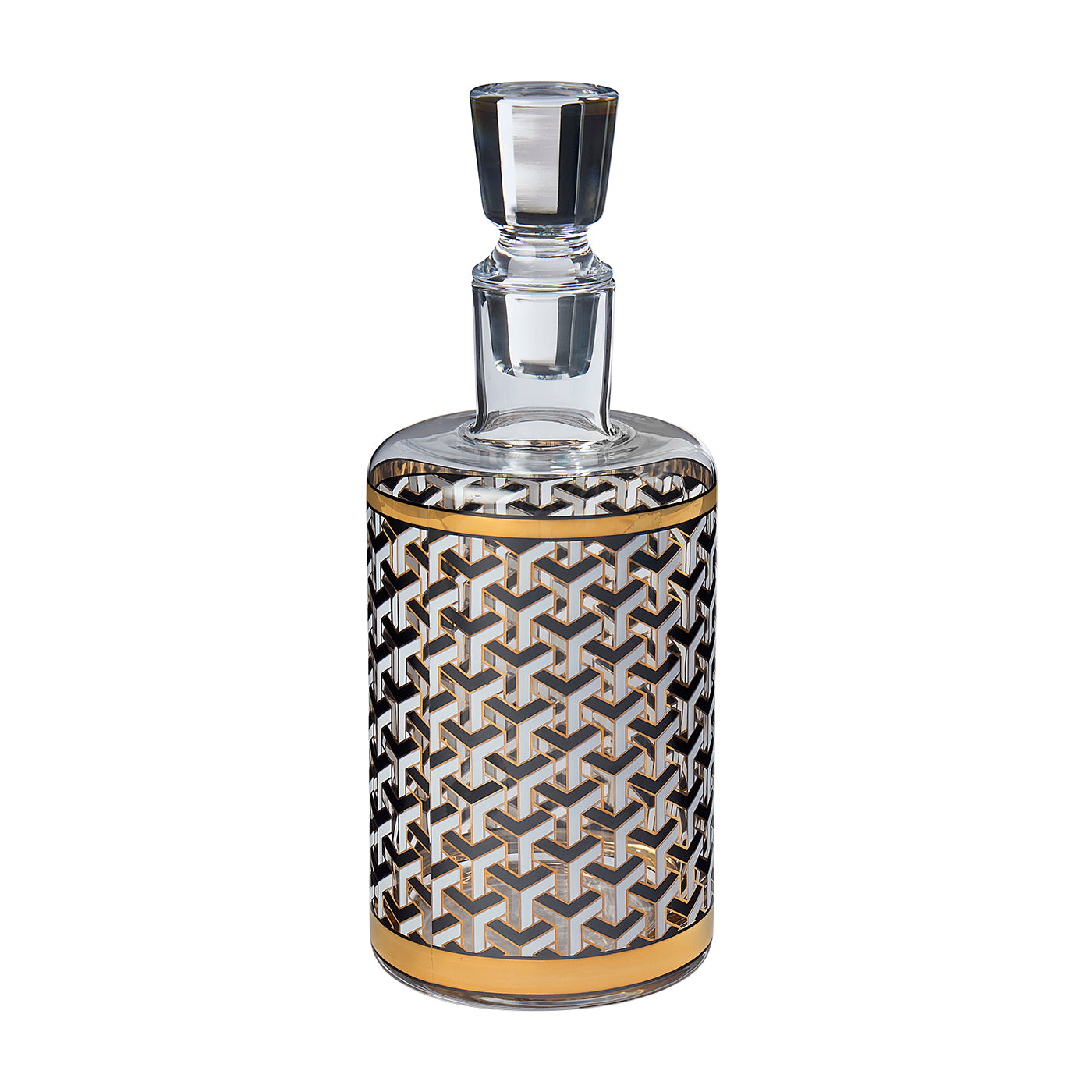 A clear glass decanter with a faceted stopper, featuring a cylindrical body decorated with a black, white, and gold geometric pattern and gold bands near the top and bottom, shown on a plain white background.