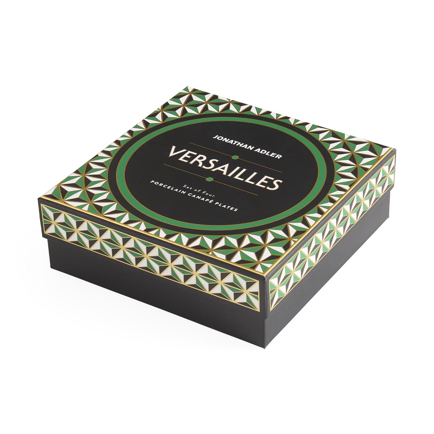 Box of Jonathan Adler Versailles porcelain enamel plates with geometric design
