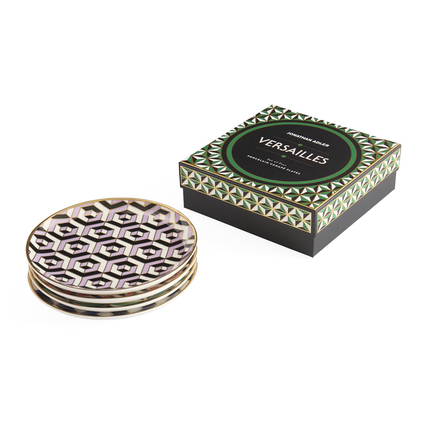 Set of Versailles coasters with a matching box on a white background
