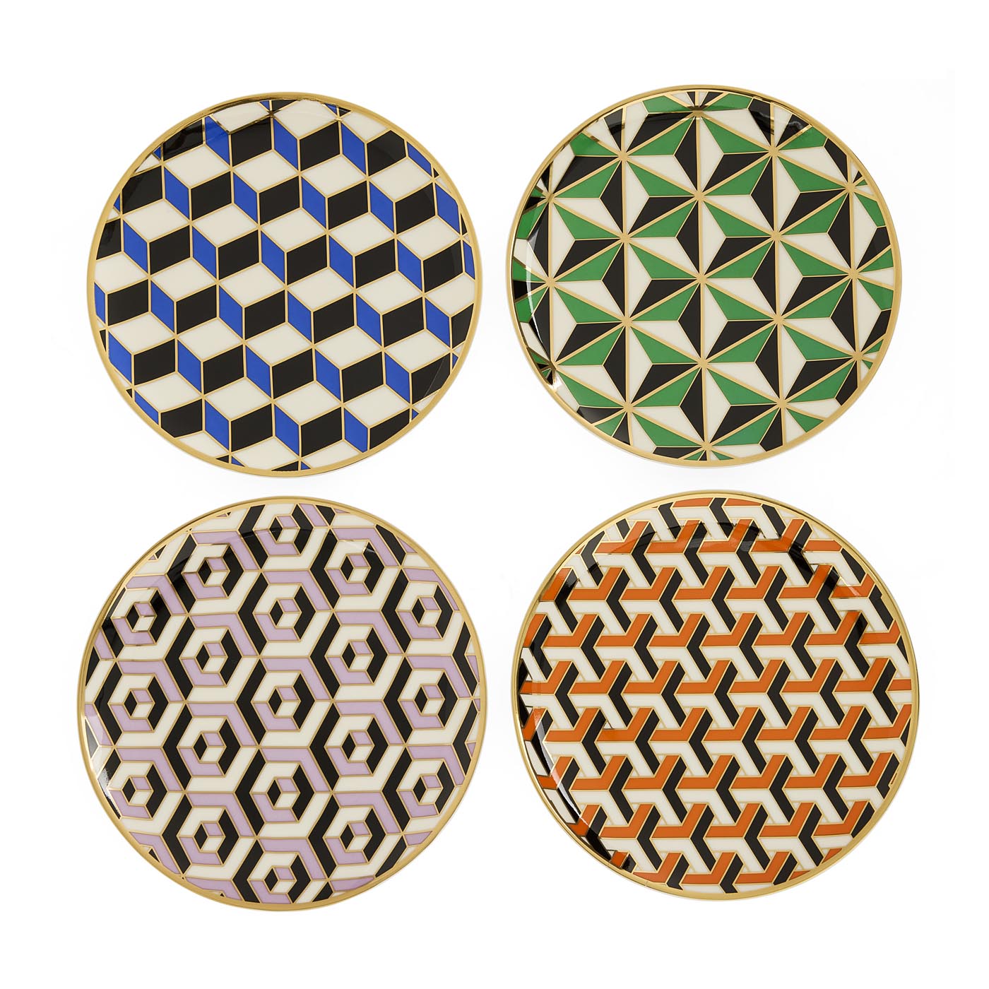 Four geometric patterned coasters on a white background
