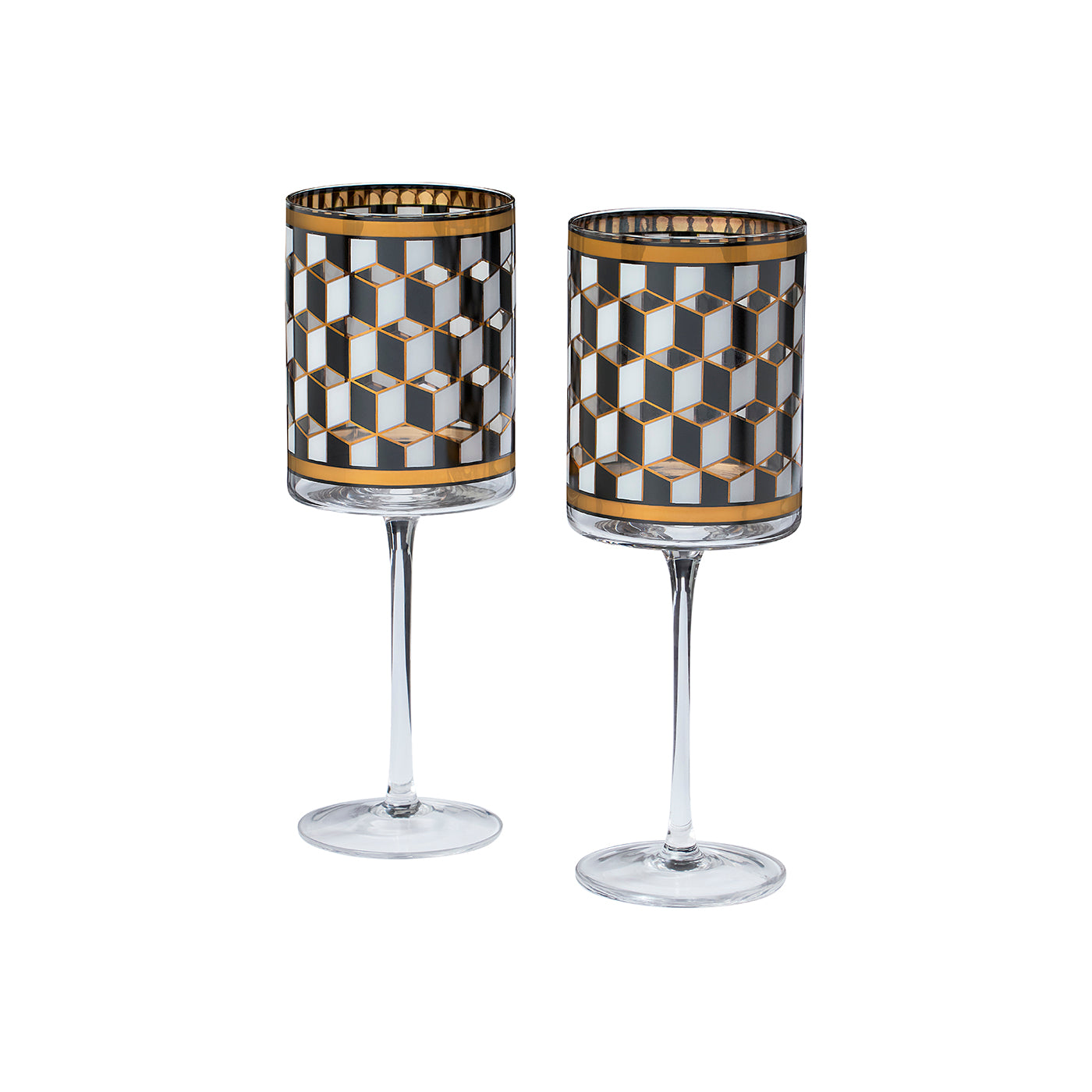 Two clear stemmed glasses with cylindrical bodies featuring a black, white, and gold geometric cube pattern, shown on a plain white background.