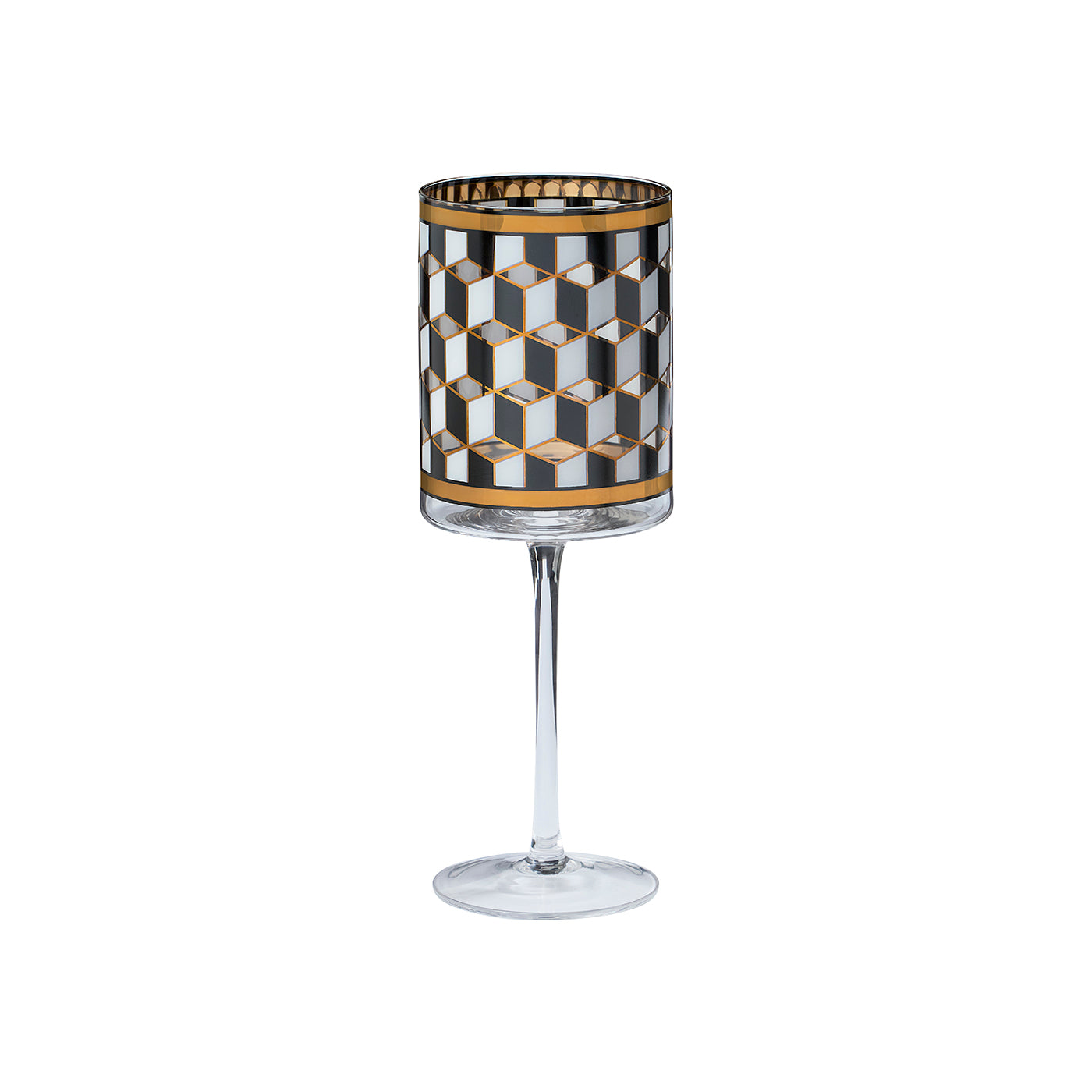 A clear stemmed wine glass with a cylindrical patterned bowl featuring a black, white, and gold geometric cube design.