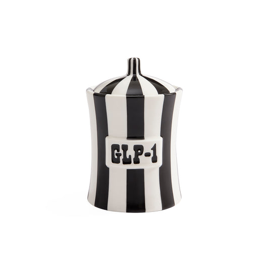 A black and white striped ceramic jar with a lid, featuring a white label on the front with the text 'GLP-1' in black.