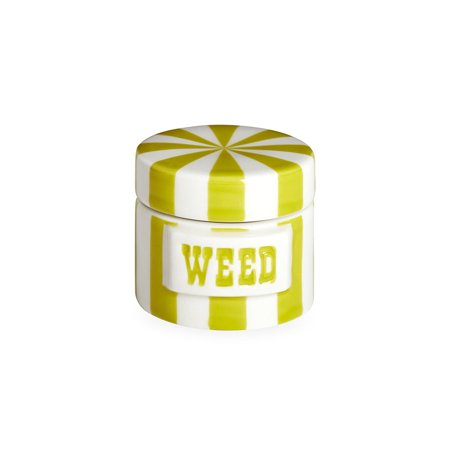 Yellow and white striped container with 'WEED' text on a white background